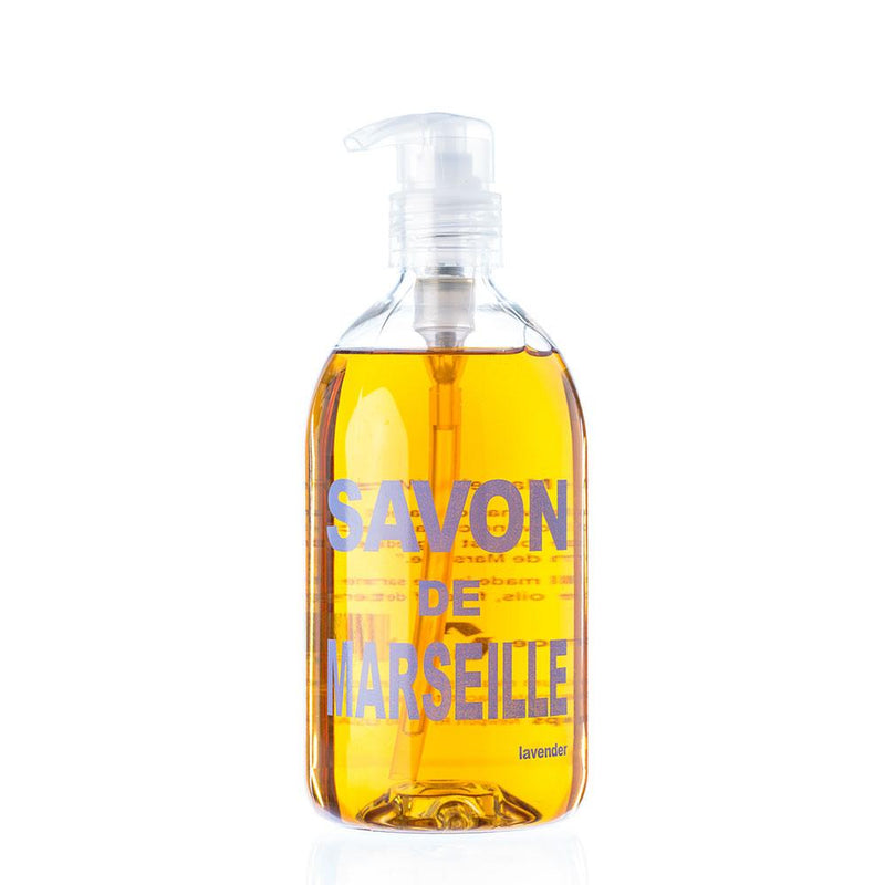 Transparent pump dispenser bottle of French Soaps Ltd Savon de Marseille Lavender Liquid Soap with lavender scent, labeled "savon de marseille", isolated on a white background.