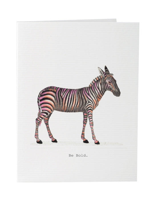 TokyoMilk Greeting Card featuring a hand-drawn zebra with colorful pink and black stripes, enhanced with hand-glittered accents, paired with the caption "be bold" at the bottom by Margot Elena.