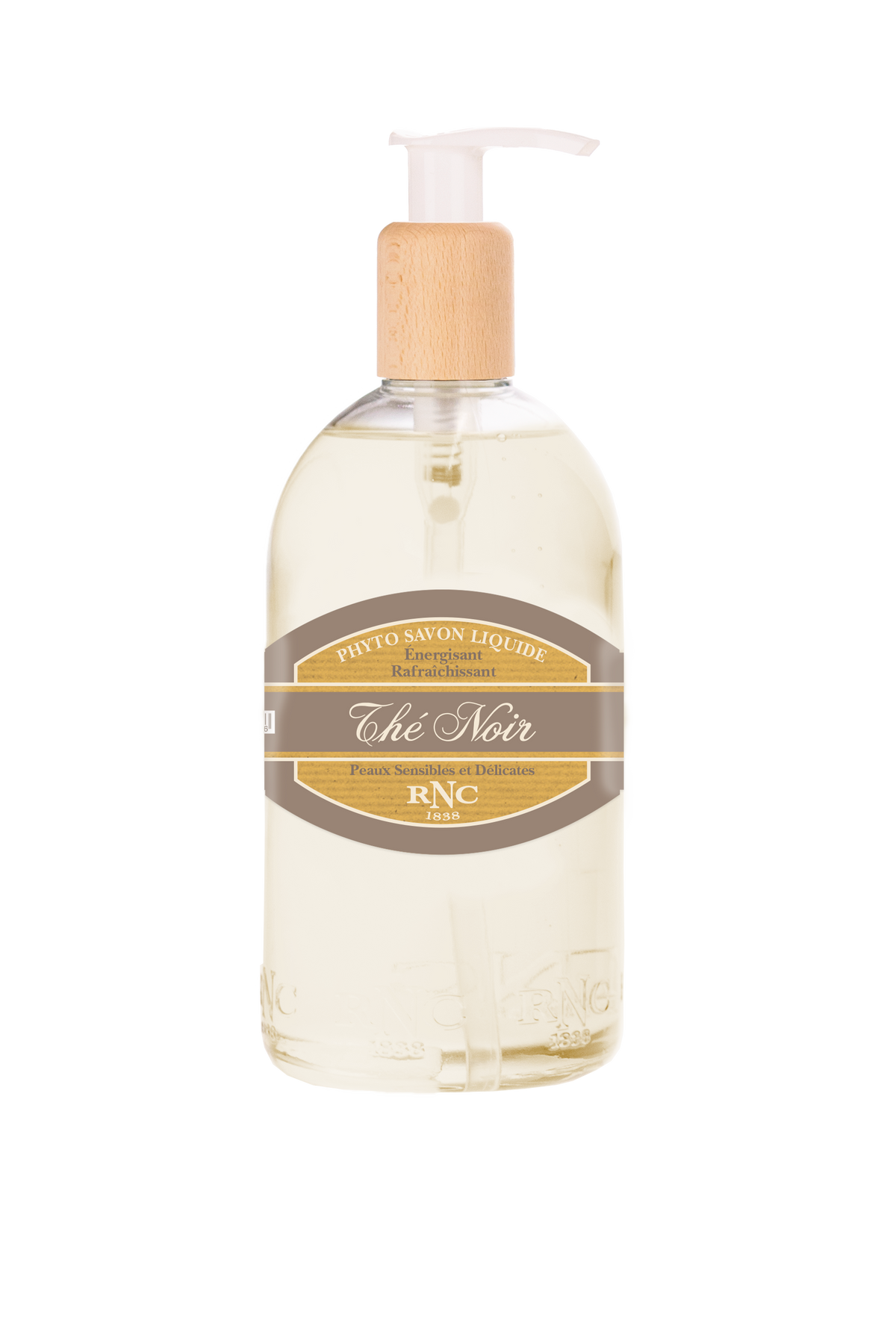 A transparent bottle of Rancé Liquid Soap - The Noir (Black Tea) hand soap with a pump dispenser, labeled "phyto savon liquide rafraîchissant the noir," on a white background.
