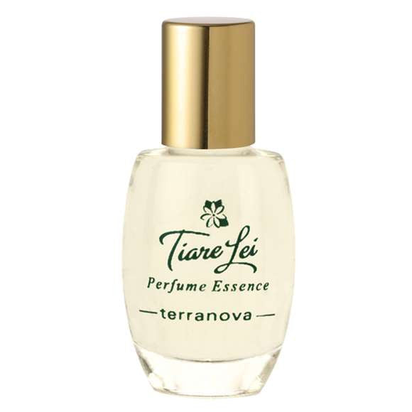 A clear glass bottle of Terra Nova Tiare Lei perfume essence, featuring a simple gold cap and a label with green text and a white flower illustration.
