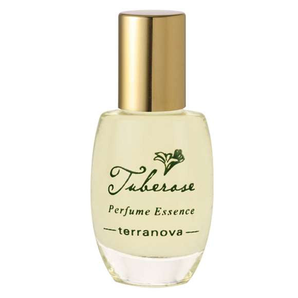 A clear 0.4fl oz glass bottle of Terra Nova Tuberose Perfume Essence with a golden cap and labeled in elegant typography on a white background.