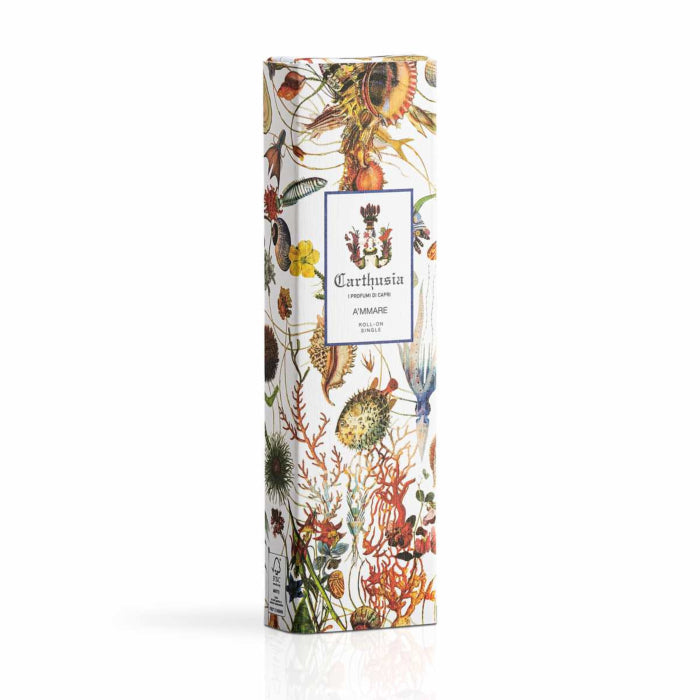 A colorful Carthusia A'mmare Perfume Oil Roll-On Single box featuring intricate botanical illustrations, including flowers and fruits, with a label in the center reading "Carthusia A'mmare." The background is white.