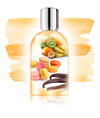A transparent cosmetic spray bottle superimposed with images of Comptoir Sud Pacifique Paris Vanille Abricot - 1 fl oz, and colorful macarons, against a backdrop of soft beige brush strokes.