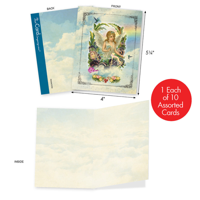 Four images showing a single All Occasion Boxed Note Card from The Best Card Co.: the front features a vintage-inspired design with an angel surrounded by flowers, the back and inside of the card are blank, and a text overlay indicates it's one.