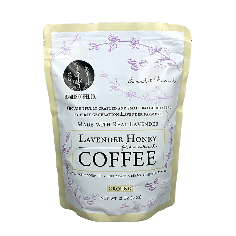 A bag of FARMERS Lavender Co. Lavender Honey Coffee, medium roast with a floral design and text highlighting its key features such as small batch, real lavender, and sustainably sourced.