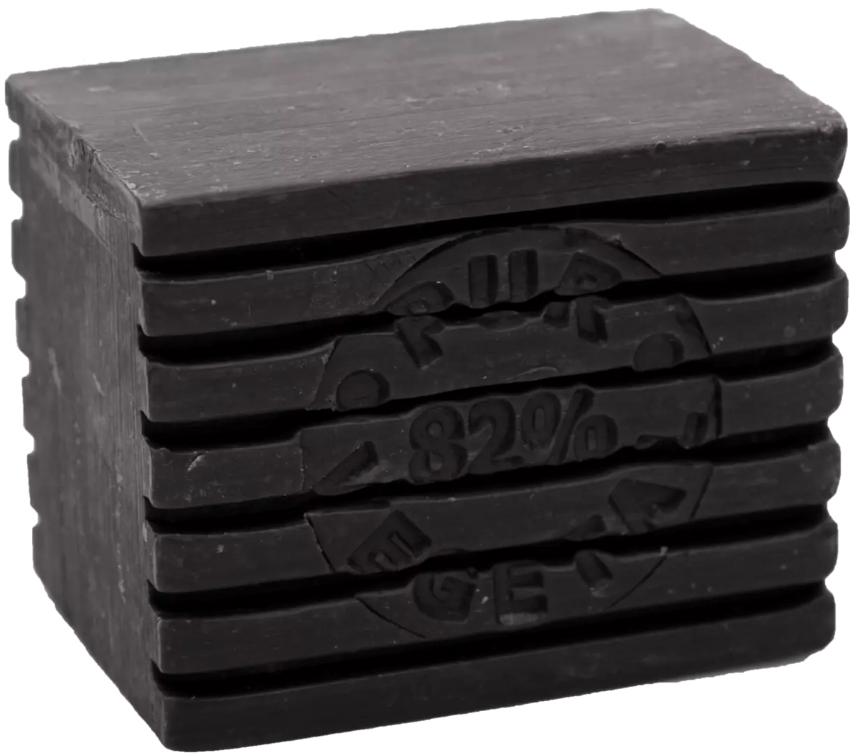A stack of five La Savonnerie de Nyons Black Olive striped soaps, each weighing 300gm, with a matte finish and symmetrically arranged, highlighting their high cocoa content.