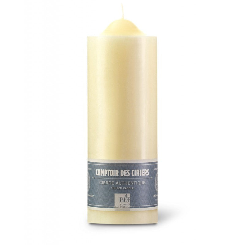 A single ivory-colored Bougies la Francaise Traditional Church Candle 100 hour with a printed label "comptoir des ciriers cierge authentique" at its base, set against a white background.