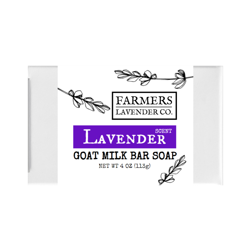 A graphic design for FARMERS Lavender Co. featuring a lavender goat milk soap bar label with floral accents, centered text, and a purple stripe.