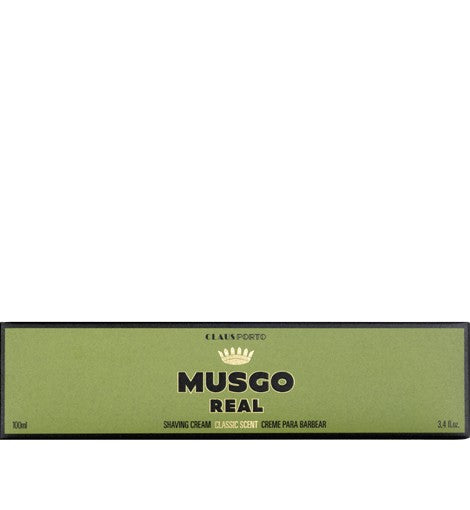 A rectangular box of Claus Porto Musgo Real Classic Scent shave cream in green and black packaging, labeled "classic scent," sized at 3.4 fl. oz. (100ml).