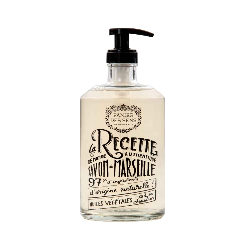 A refillable glass bottle of Panier Des Sens Collector Glass Bottle Relaxing Lavender Liquid Soap with a pump dispenser, showcasing elegant black and brown script detailing the product's 97% natural origin.