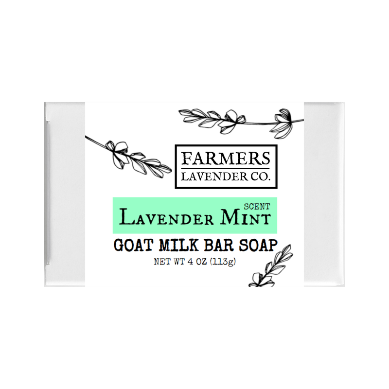A label of Lavender Mint Goat Milk Bar Soap by FARMERS Lavender Co., featuring a clean design with botanical illustrations and green and black text on a white background.