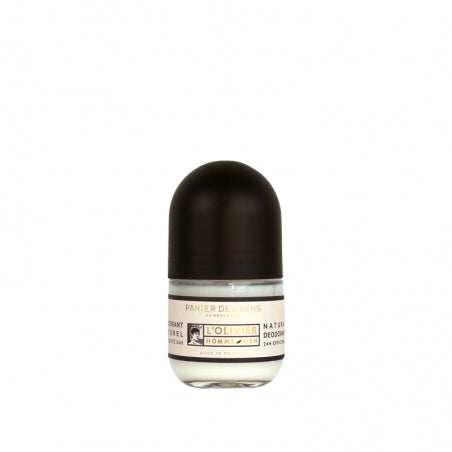 A Panier des Sens L’Olivier Natural Deodorant bottle with a black cap on a white background. The label reads "panier des sens en provence" and indicates natural deodorant cream with 24-hour protection.