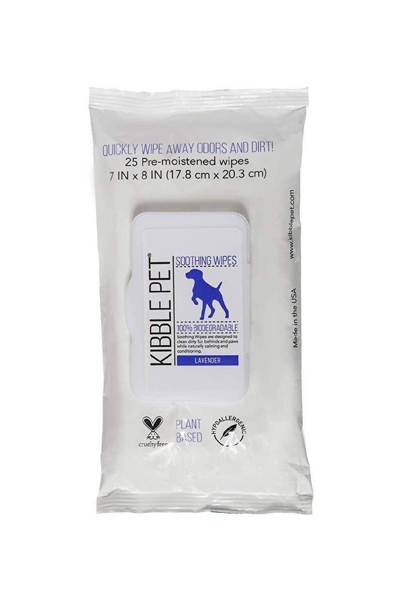 A package of Dr. Sniff - Soothing Lavender Wipes for Dogs, featuring a lavender scent. The white pack contains 25 pre-moistened wipes labeled and instructions highlighted, with a lavender plant and dog.