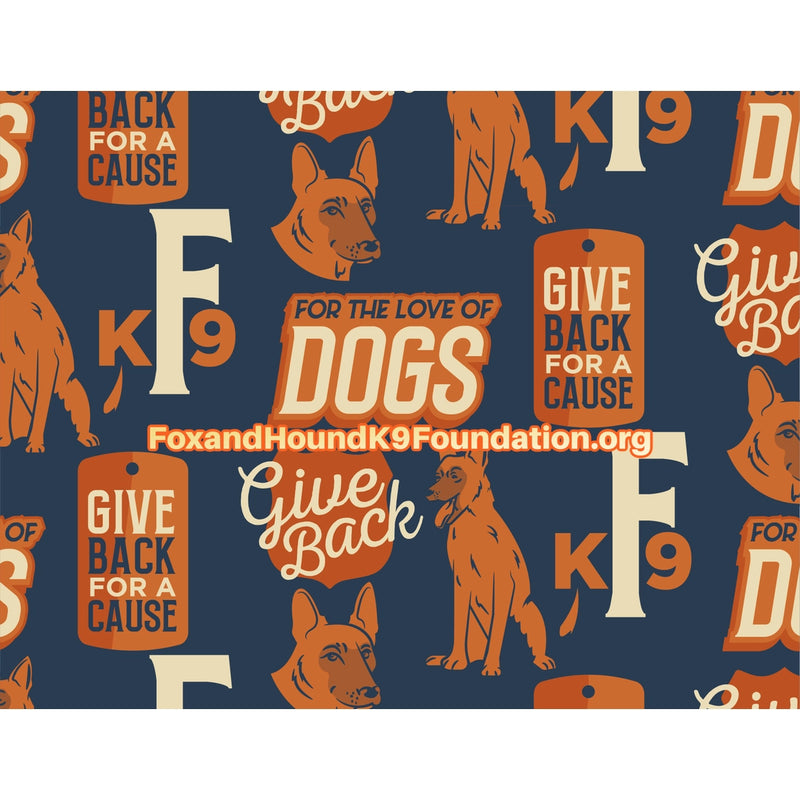 Patterned design featuring phrases like "for the love of dogs," "give back for a cause," images of dogs, "k9," and tags. It promotes Fox + Hound Christmas Peppermint Mocha Flavored Coffee with a FoxandHound Foundation.