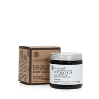 A jar of elizabeth W Purely Essential Eucalyptus Body Cream beside its box on a white background.