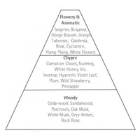 A pyramid diagram categorizing scents into three layers: top layer labeled "flowery & aromatic," middle "white honey," and bottom "woody," with various scents including Carthusia Fiori di Capri Body Lotion from Carthusia I Profumi de Capri.