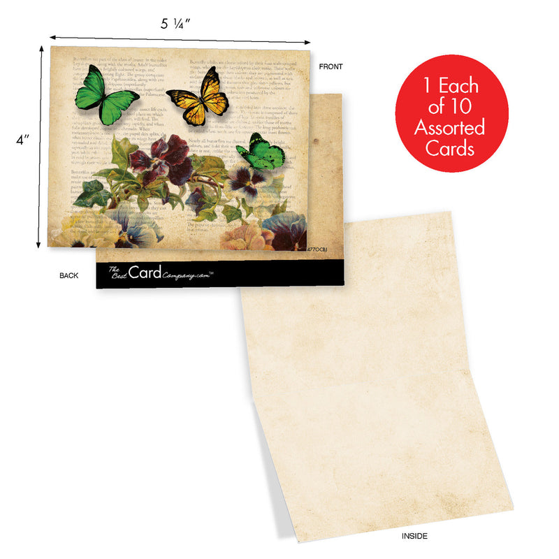 Image of a floral greeting card featuring vintage pansy and butterfly images, labeled with dimensions and "1 each of All Occasion Boxed Note Cards - Fluttering Words". The back of the card and an additional plain card are also.