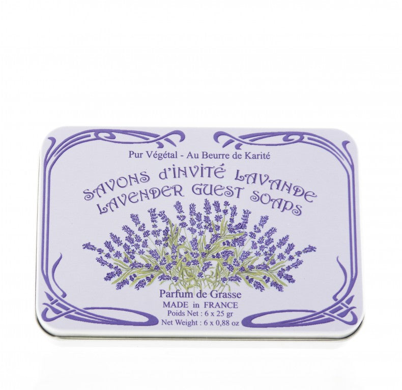 Rectangular Le Blanc Lavender Guest Soap packaging featuring floral graphics and text in French, describes the soap as vegetable-based with shea butter, perfumed in Grasse, and handmade in Provence.