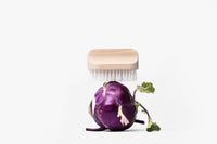 A Andrée Jardin "Canot" vegetable brush with a wooden handle rests atop a vibrant purple eggplant with green leaves, set against a plain white background. This item is part of the Canot kitchen accessories collection designed for cleaning fruits.