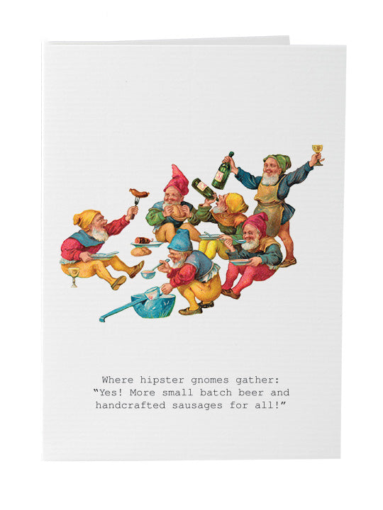 Illustration of a group of whimsical gnomes celebrating with beer and sausages, featured on a Margot Elena hand-glittered Hipster Gnomes greeting card with the caption "Where hipster gnomes gather.