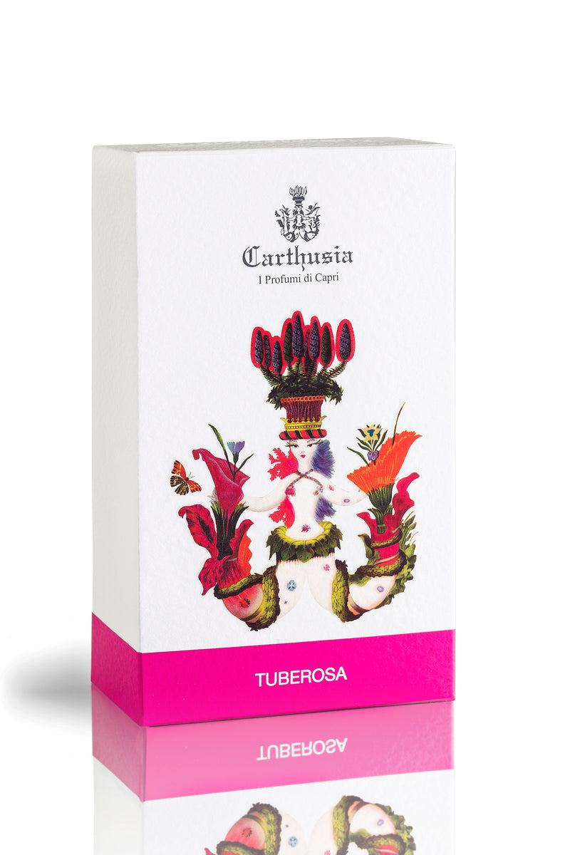 A Carthusia I Profumi de Capri Tuberosa Eau de Parfum - 50ml box with an artistic floral design on the front, labeled "Tuberose Absolute," positioned against a white background.