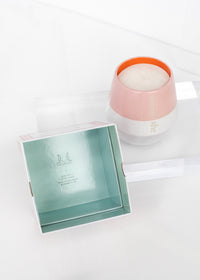 A Margot Elena Infinite She Burn Baby Burn Ceramic Candle in a peach-colored container beside an open box with product information, all resting on a translucent surface infused with hints of Black Vanilla Bean.