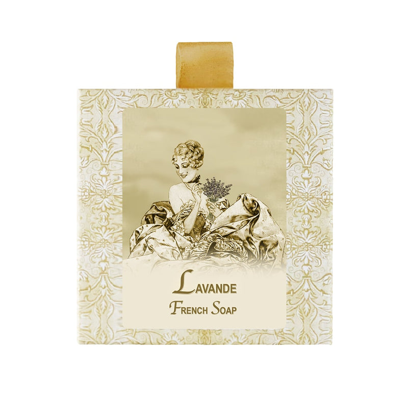 Vintage-inspired La Bouquetiere Lavender French Soap packaging featuring an illustrated woman in a lavish dress holding flowers, labeled "lavender soap" on a cream background with ornate floral borders.