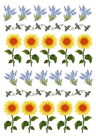 An illustrative pattern on a Mierco European Tea Towel featuring alternating rows of lavender branches and sunflowers with bees looping through the layout in a rhythmic sequence.