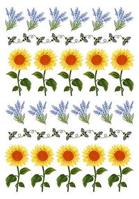 An illustrative pattern on a Mierco European Tea Towel featuring alternating rows of lavender branches and sunflowers with bees looping through the layout in a rhythmic sequence.