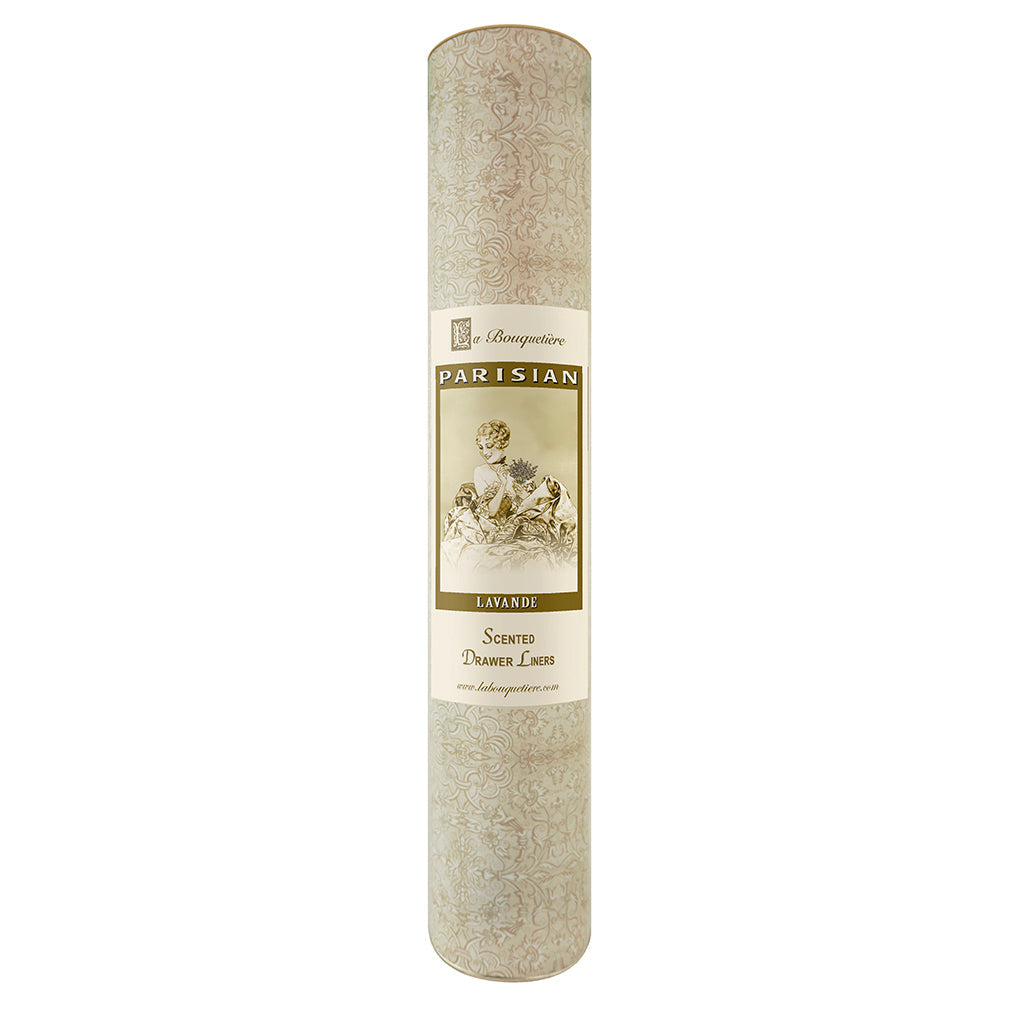 A cylindrical La Bouquetiere Lavender scented drawer liner with a label featuring floral patterns and an illustration of lavender. The label reads "Lavender French Fragrance" in elegant script.