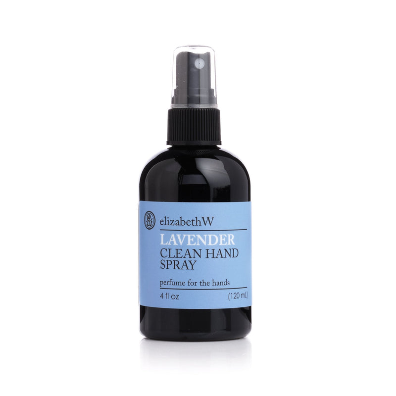 A dark amber spray bottle labeled "elizabeth W Botanical Beauty Lavender Clean Hand Spray, infused with lavender essential oil, 4 fl oz (120 ml)" against a white background.