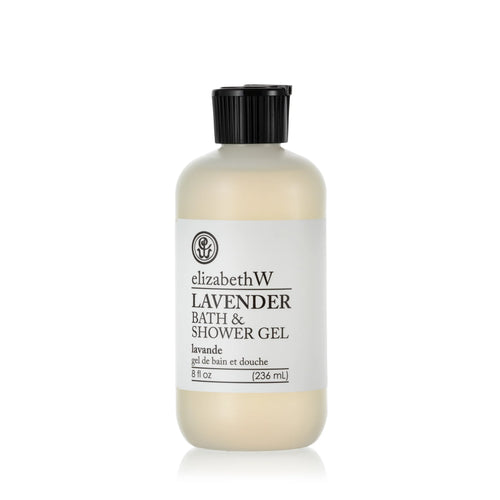A bottle of elizabeth W Purely Essential Lavender Shower Gel, labeled in black text, set against a plain white background. The bottle is translucent with a black cap, containing 236 ml of gel.