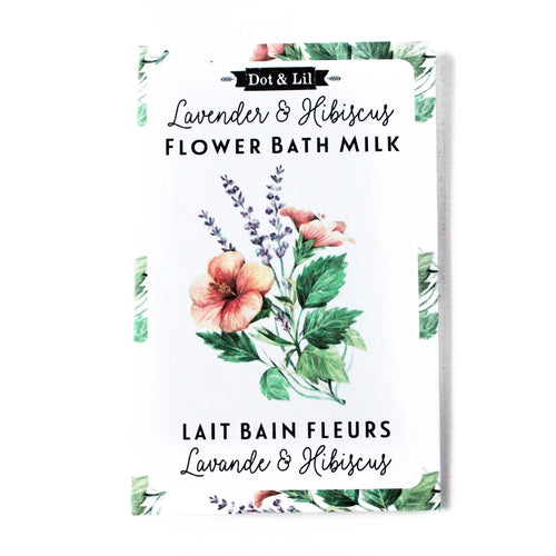 A product label for Dot & Lil Lavender & Hibiscus bath milk sachet, featuring illustrations of hibiscus and lavender on a white background. The text is bilingual in English and