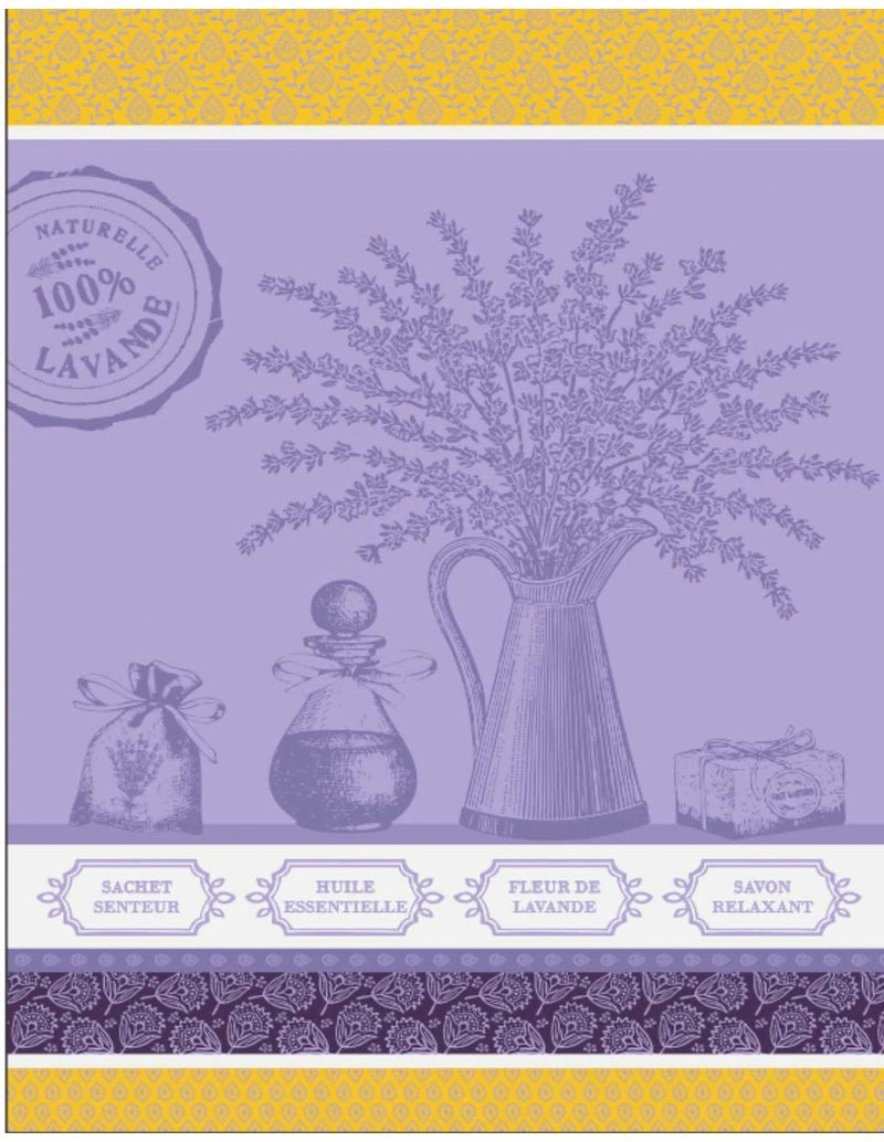 Illustration of a Lavender Products Tea Towel Purple 100% Cotton featuring a purple vase with lavender sprigs, a lavender oil bottle, sachet, and soap from Made in Provence.