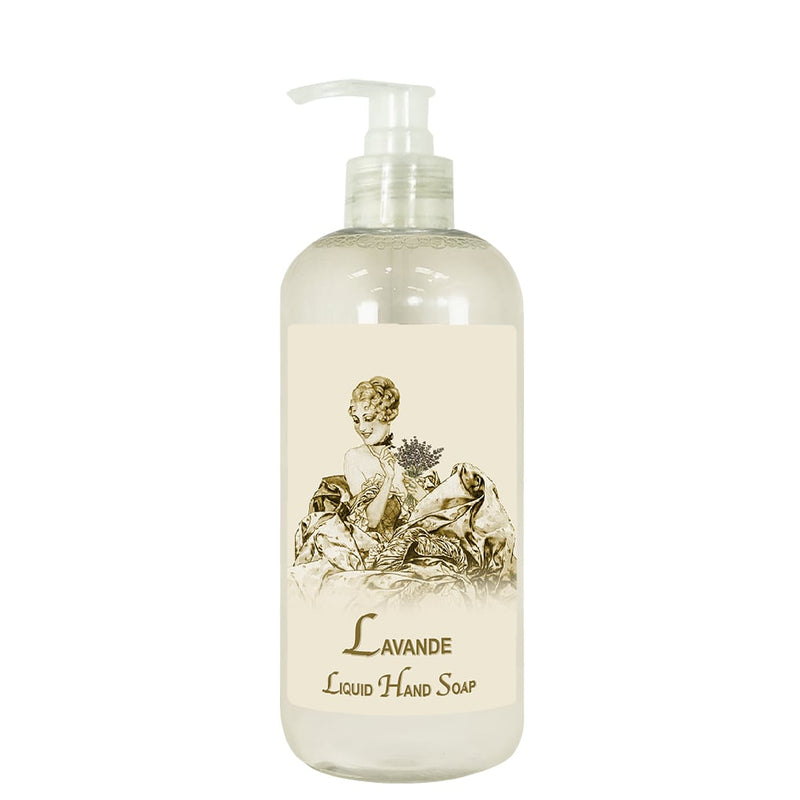 A clear bottle of La Bouquetiere Lavender Liquid Hand Soap with a vintage-style beige label featuring an illustration of a woman holding lavender flowers.