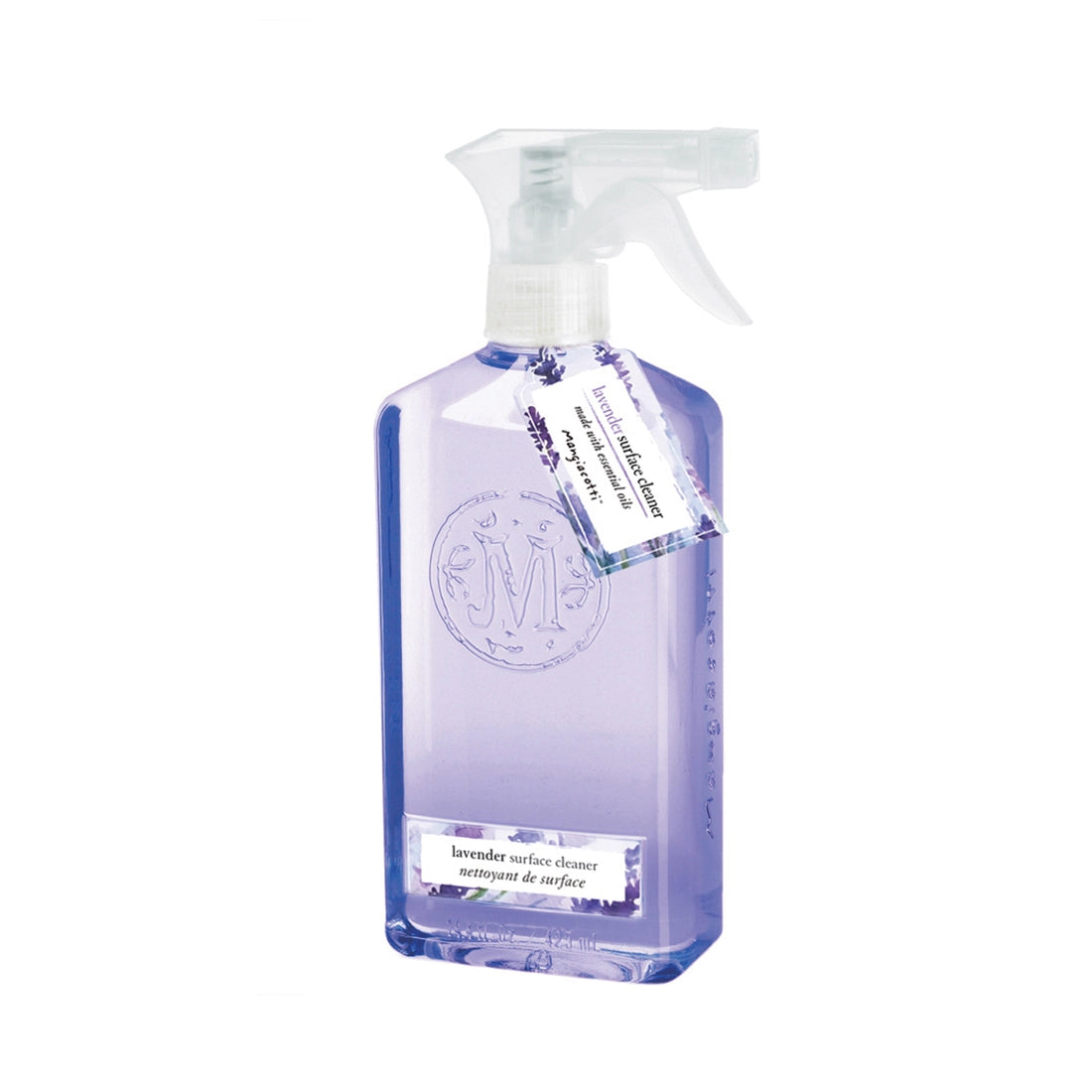 Transparent spray bottle with Mangiacotti Lavender Surface Cleaner and a label featuring elegant script and a circular emblem, tied with a small white tag.