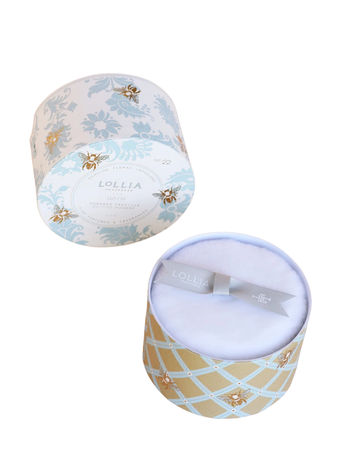 Two decorative boxes of Margot Elena brand products; the top image features a cylindrical box with a floral pattern, and the bottom image shows the inside of another box, revealing Lollia Wish Dusting Powder.
