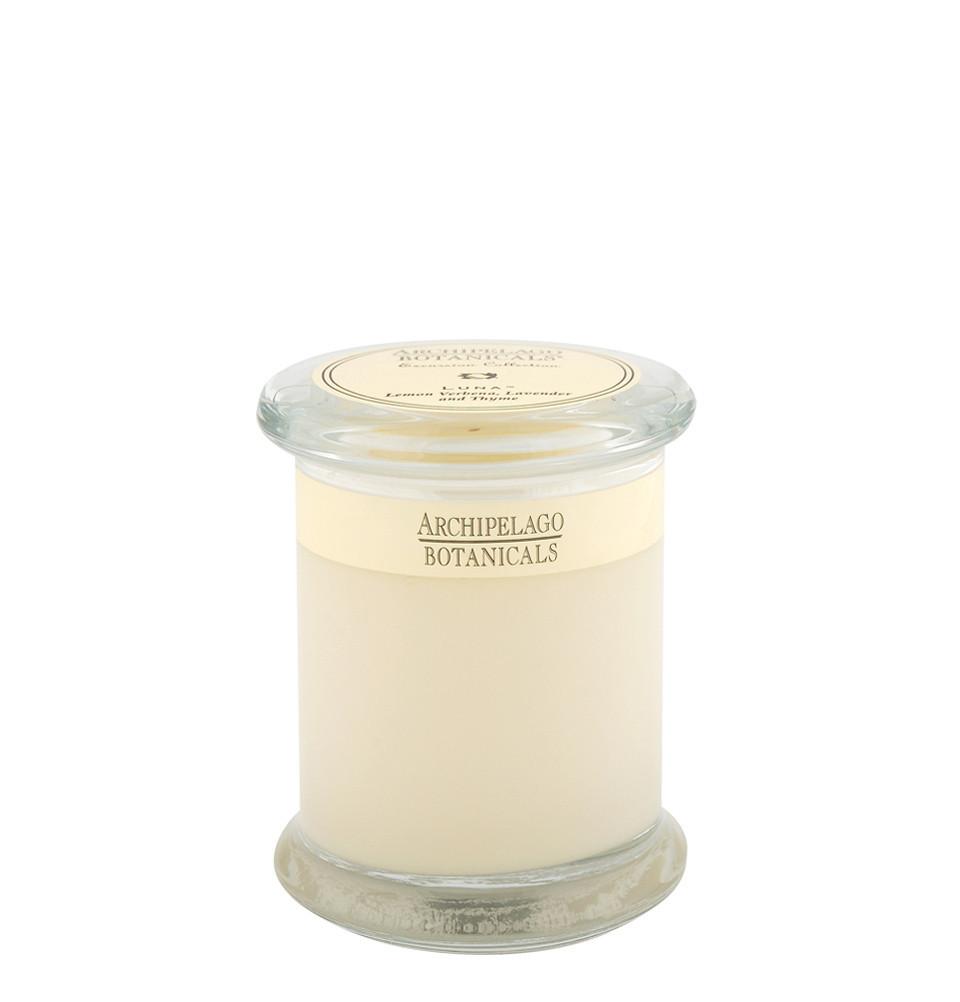 A glass jar candle labeled "Archipelago Excursion Luna Glass Jar Candle" with a creamy white wax featuring a gold-colored Archipelago Botanicals sticker, isolated on a white background.