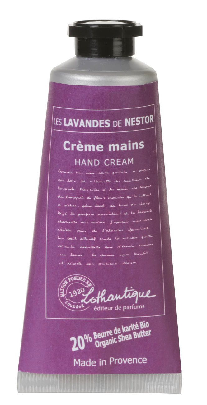 A tube of Lothantique les lavandes de l'oncle Nestor lavender hand cream, prominently purple-colored with white and gold text, advertising 20% organic shea butter.