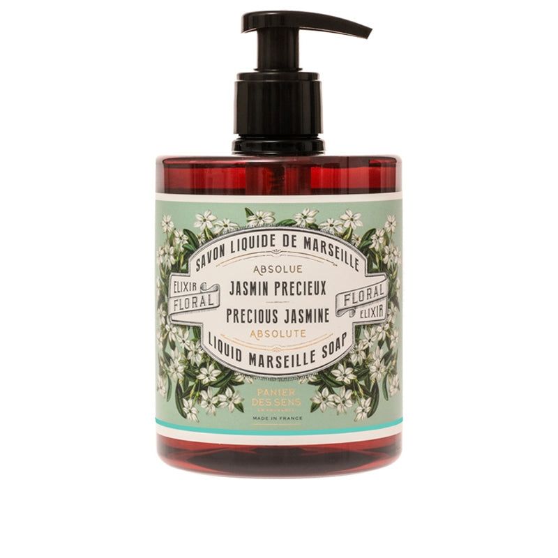A bottle of Panier Des Sens Precious Jasmine Liquid Marseille Soap with a pump dispenser, labeled "precious jasmine grandiflorum absolute" in floral-themed packaging, isolated on a white background.
