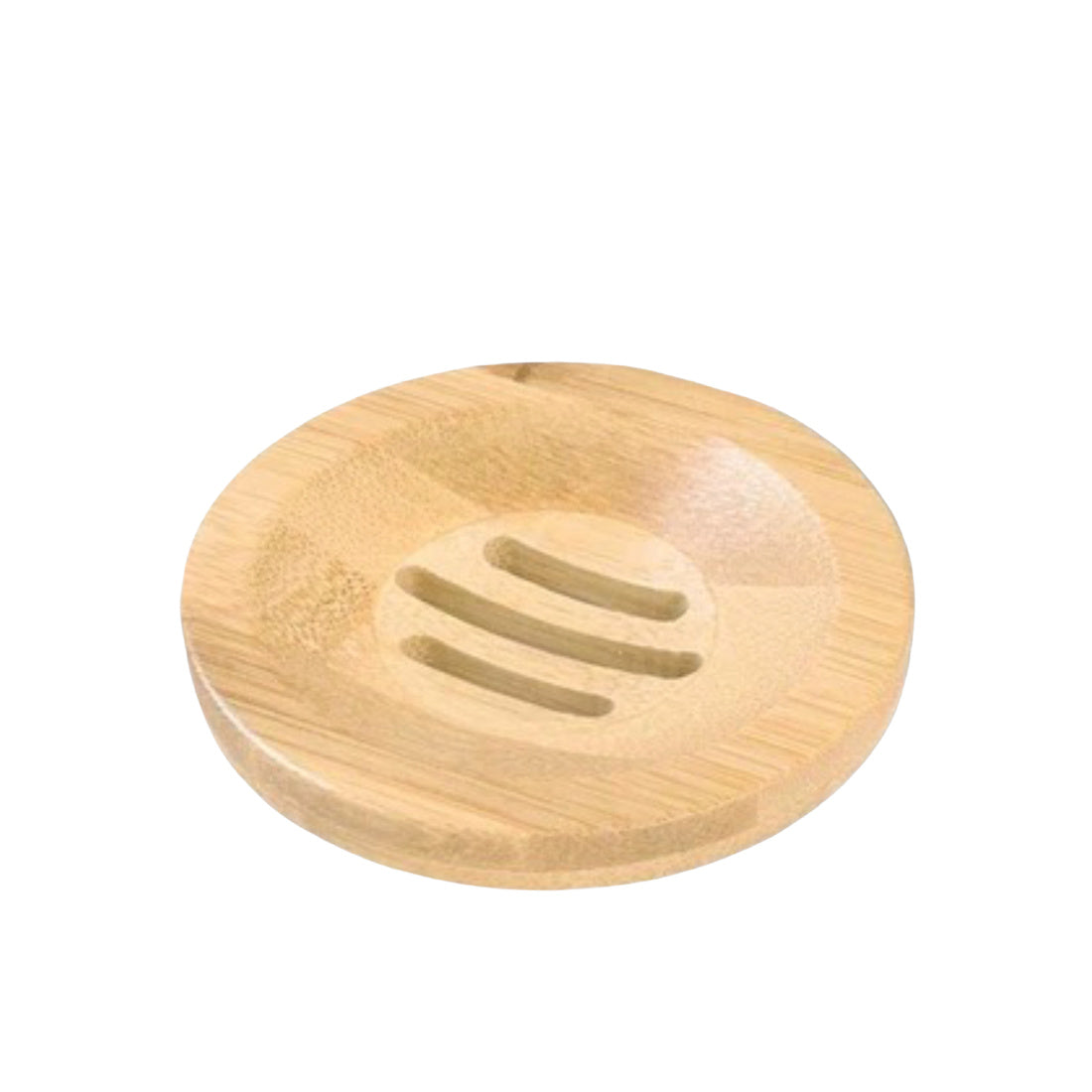A round Lizush wooden shower steamer tray with three grooves in the center, designed to hold a shower steamer and allow water to drain, set against a white background.