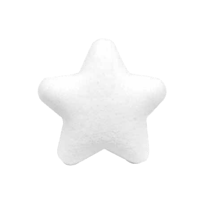 A simple white star from the Spongellé - Zodiac Collection - Air Body Wash on a black background, with a soft, slightly textured surface that gives it a three-dimensional appearance.