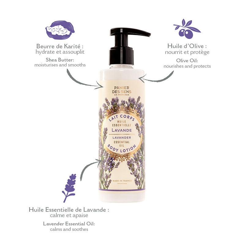 A bottle of Panier Des Sens Lavender Hand & Body Lotion, with illustrations of lavender and descriptive text highlighting key ingredients like Shea butter, olive oil, and lavender essential oil.