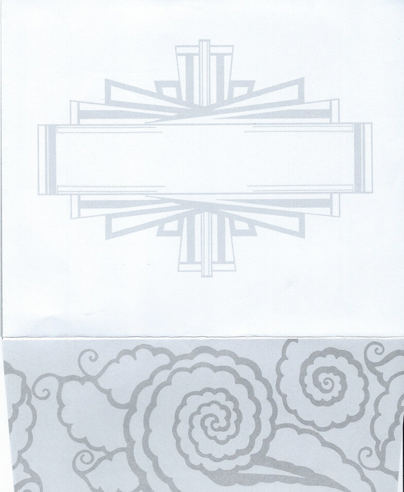 Graphic of a stylized banner with art deco influences centered over an ornate floral pattern, all presented in monochrome shades on Tea Party All Occasion Greeting Cards by Greeting Cards.