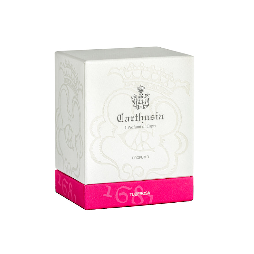 A white and pink perfume box from Carthusia I Profumi de Capri featuring elegant gray patterns and text, with a prominent label indicating the fragrance "Tuberose.