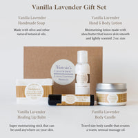 An arranged display featuring four scented skincare products: Victoria's Lavender - Vanilla Lavender handmade soap, Victoria's Lavender moisturizing lotion, Victoria's Lavender healing lip balm, and a Victoria's Lavender body candle, all with elegant branding and natural ingredients.