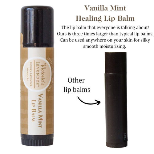 An image of two lip balms against a white background. The left one, labeled "Victoria's Lavender - Vanilla Lavender Moisturizing Body Care Gift Set," is upright, and the other, an unlabelled