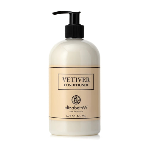 A 16 fl oz pump bottle of elizabeth W Signature Vetiver Conditioner, formulated with plant-based ingredients, displayed against a white background. The bottle has a minimalist cream label with black text.