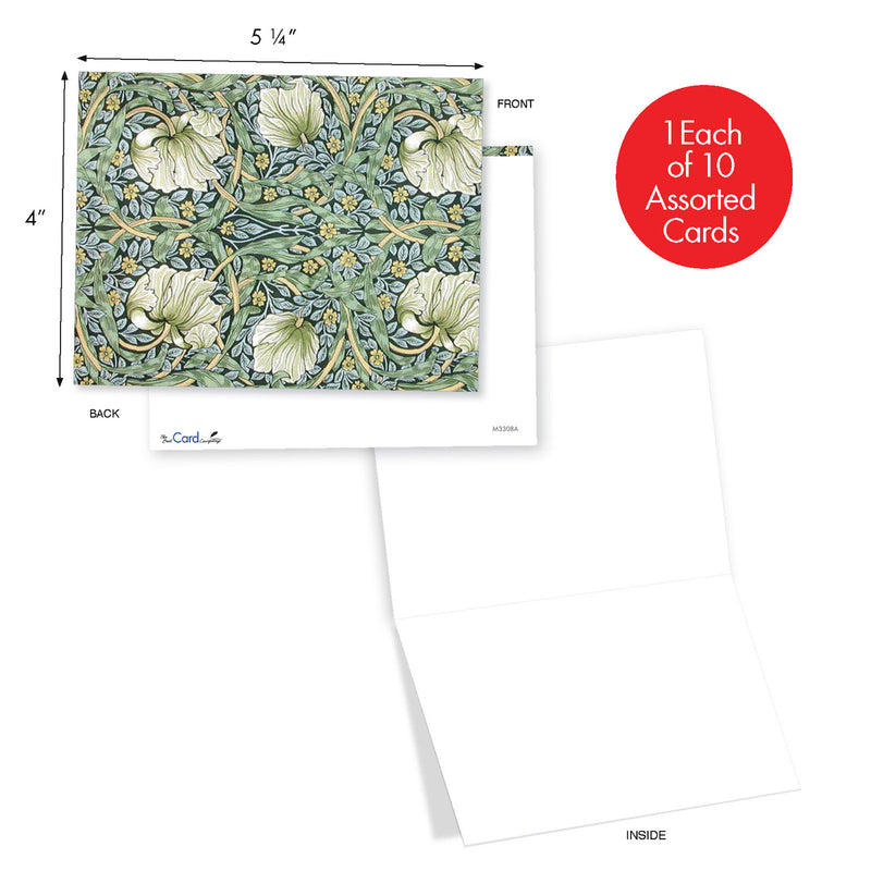 Image of a floral greeting card displaying an intricate pattern with white flowers and green leaves. Includes measurements and text stating "1 each of All Occasion Boxed Note Cards - Arts & Crafts Wall Art by The Best Card Co.