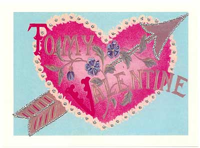 A decorative Valentine's Day card with a large pink heart. It has the words "To My Valentine" in vintage lettering, floral designs, and arrows on a light blue background.